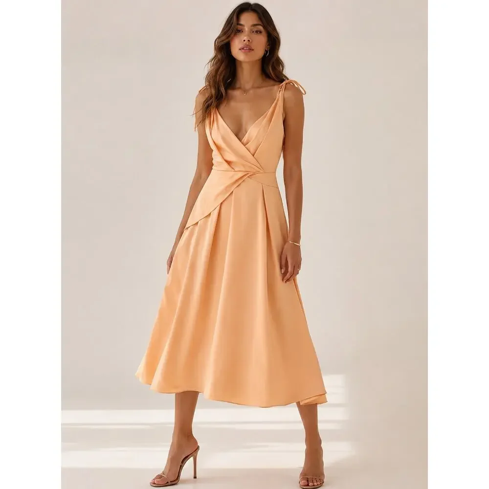 ASOS Design Tie Strap Formal Midi Dress - Apricot - Size 8 - Picture 2 of 9